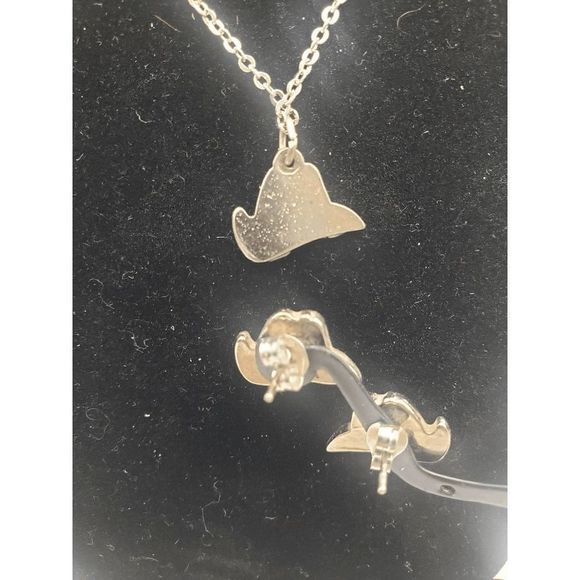 Silver-tone Cowboy Hat Necklace and Earrings Set - 16" inches - Picture 3 of 5